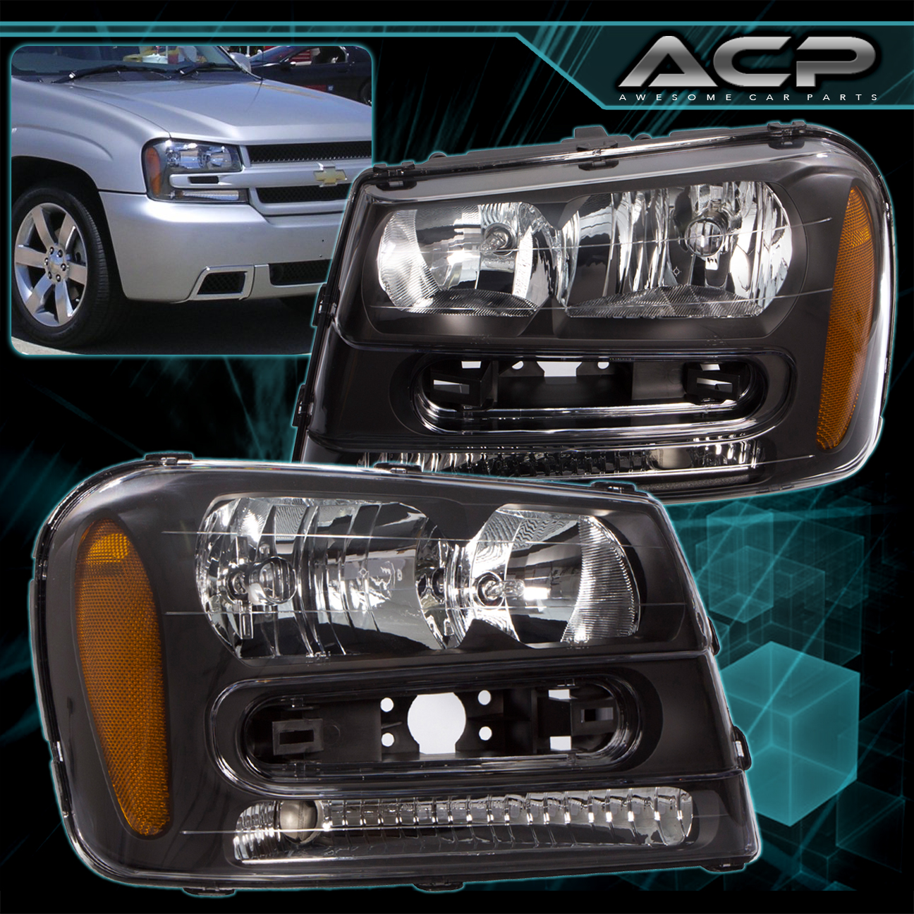 BLACK HEADLIGHTS HEADLAMPS ASSEMBLY LH+RH W/ AMBER FOR 0209 CHEVY