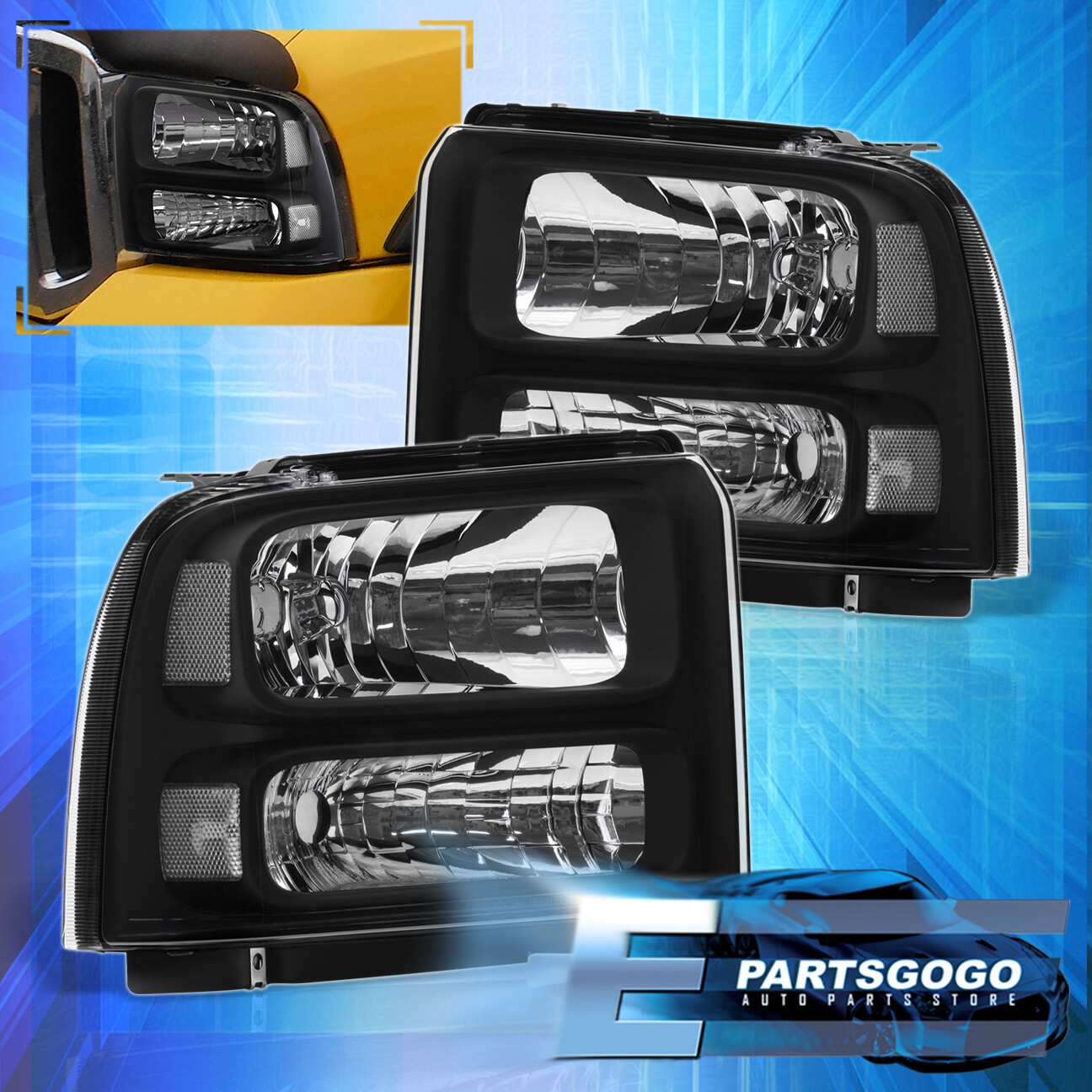 For 0507 Ford F250 F350 Super Duty Black Housing Headlights Clear Reflectors