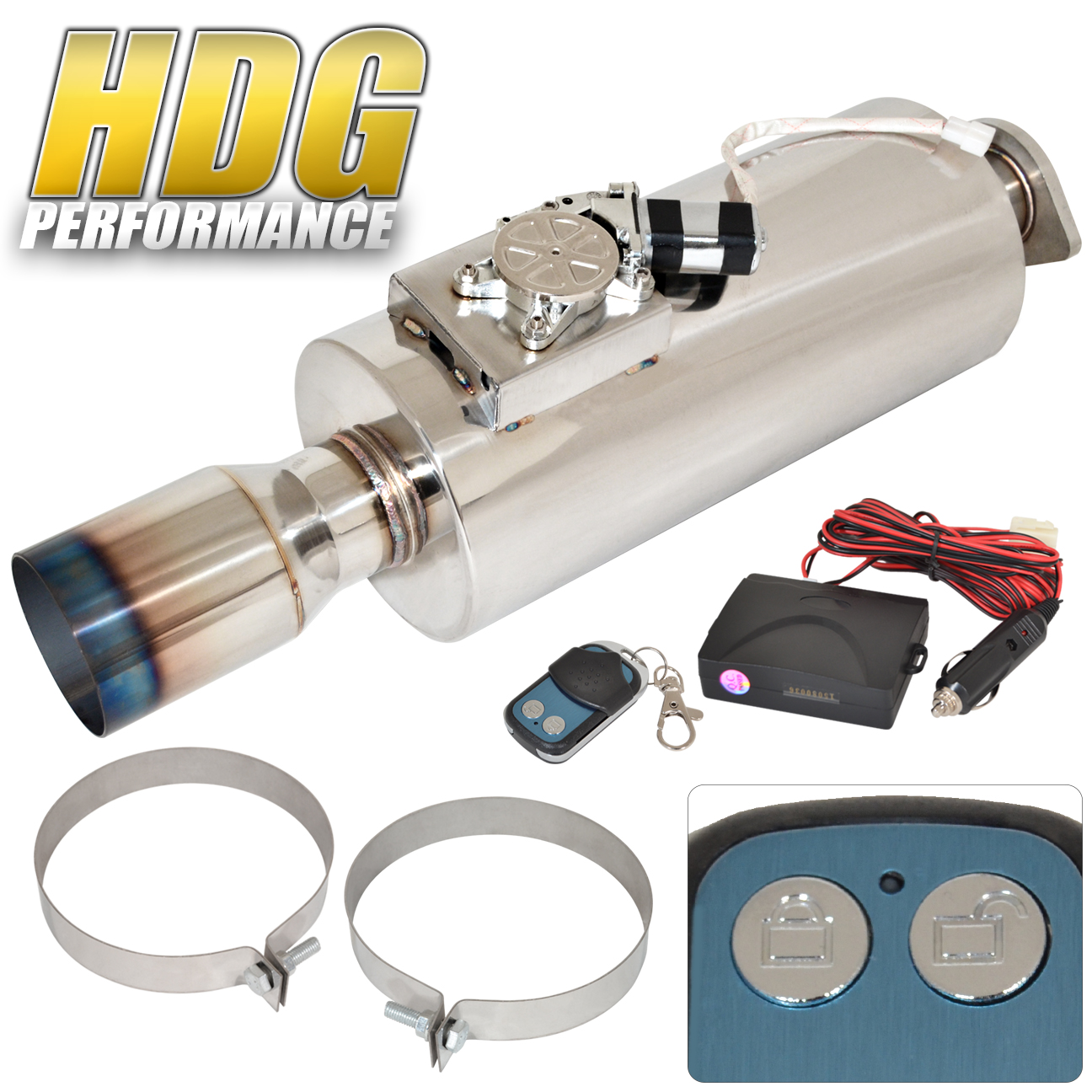 Electric Remote Sound Control Inlet 2.5" Outet 4" Tip Exhaust Muffler