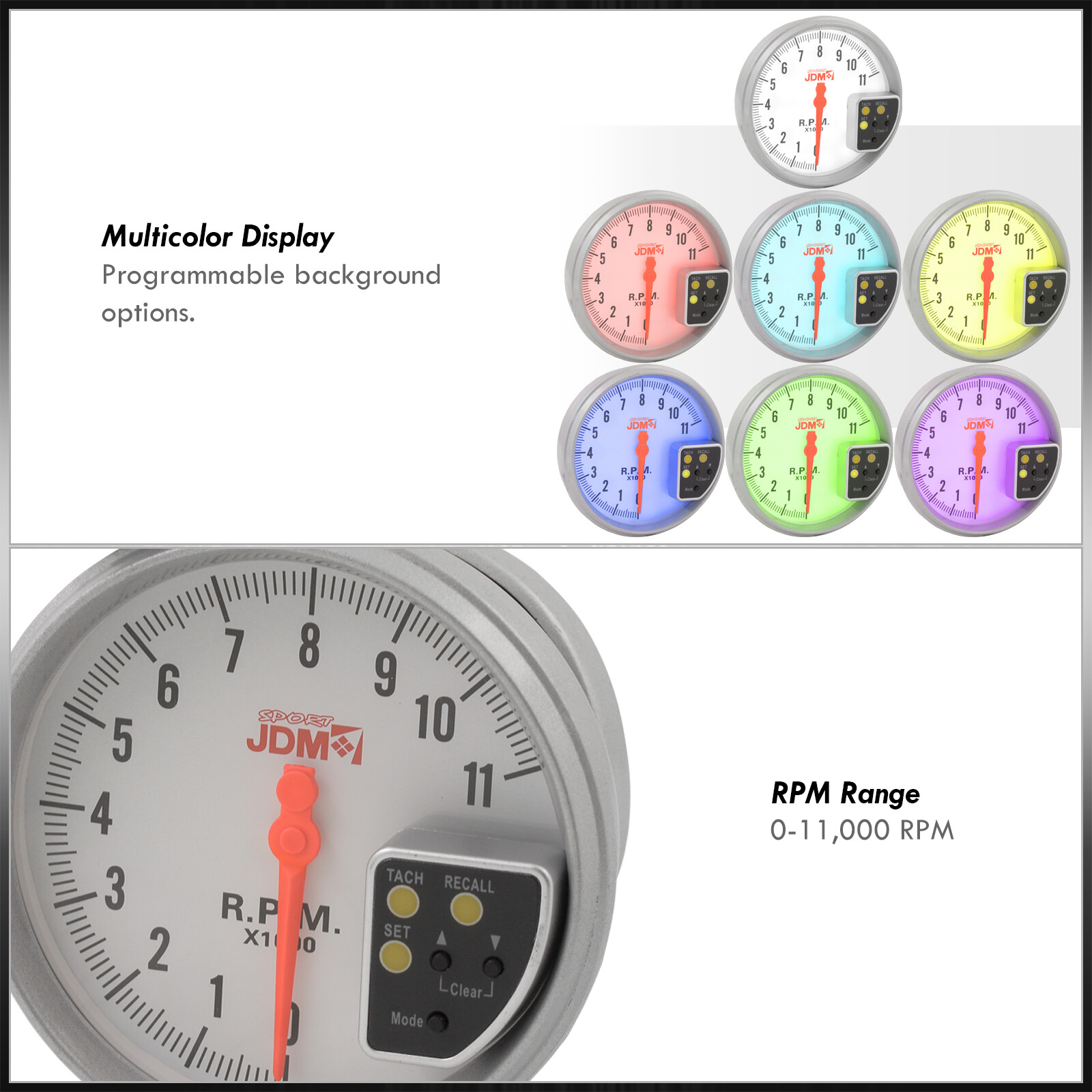 Universal 5" White Face 7 Led Tachometer 11K Rpm Tach Gauge With Red