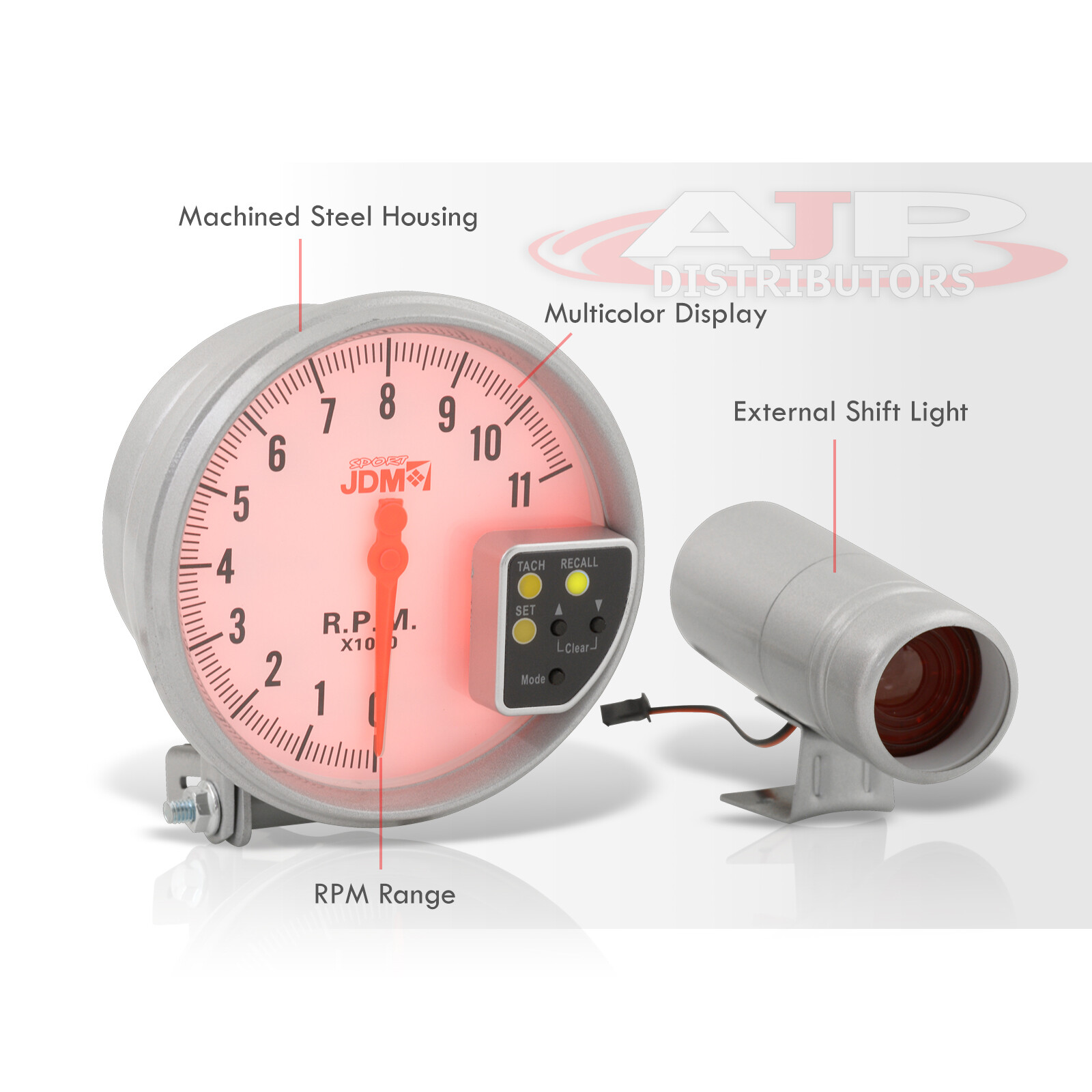 Universal 5" White Face 7 Led Tachometer 11K Rpm Tach Gauge With Red