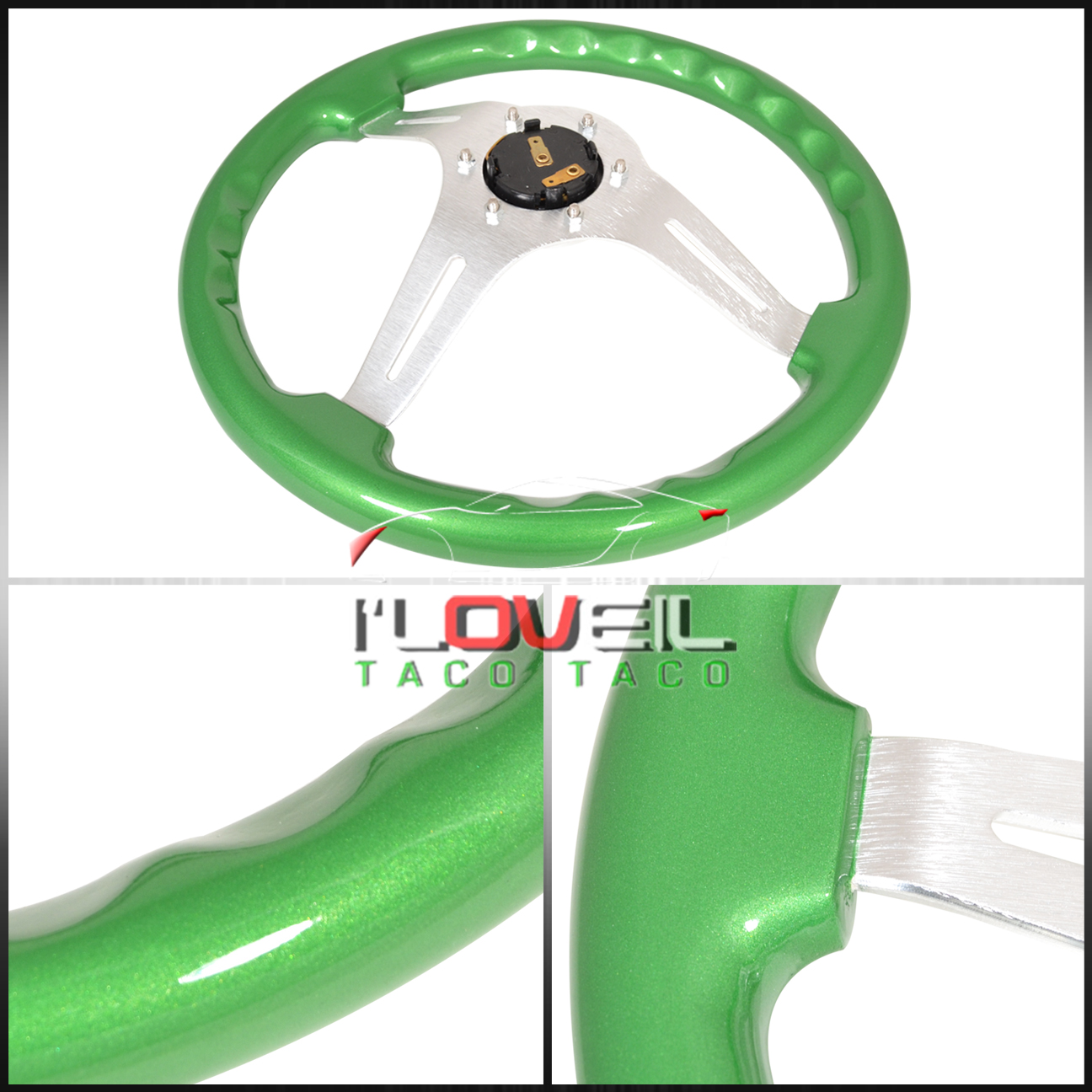 Universal Deep Dish Green Wood Grain Light Weight Aluminum Center Steering Wheel