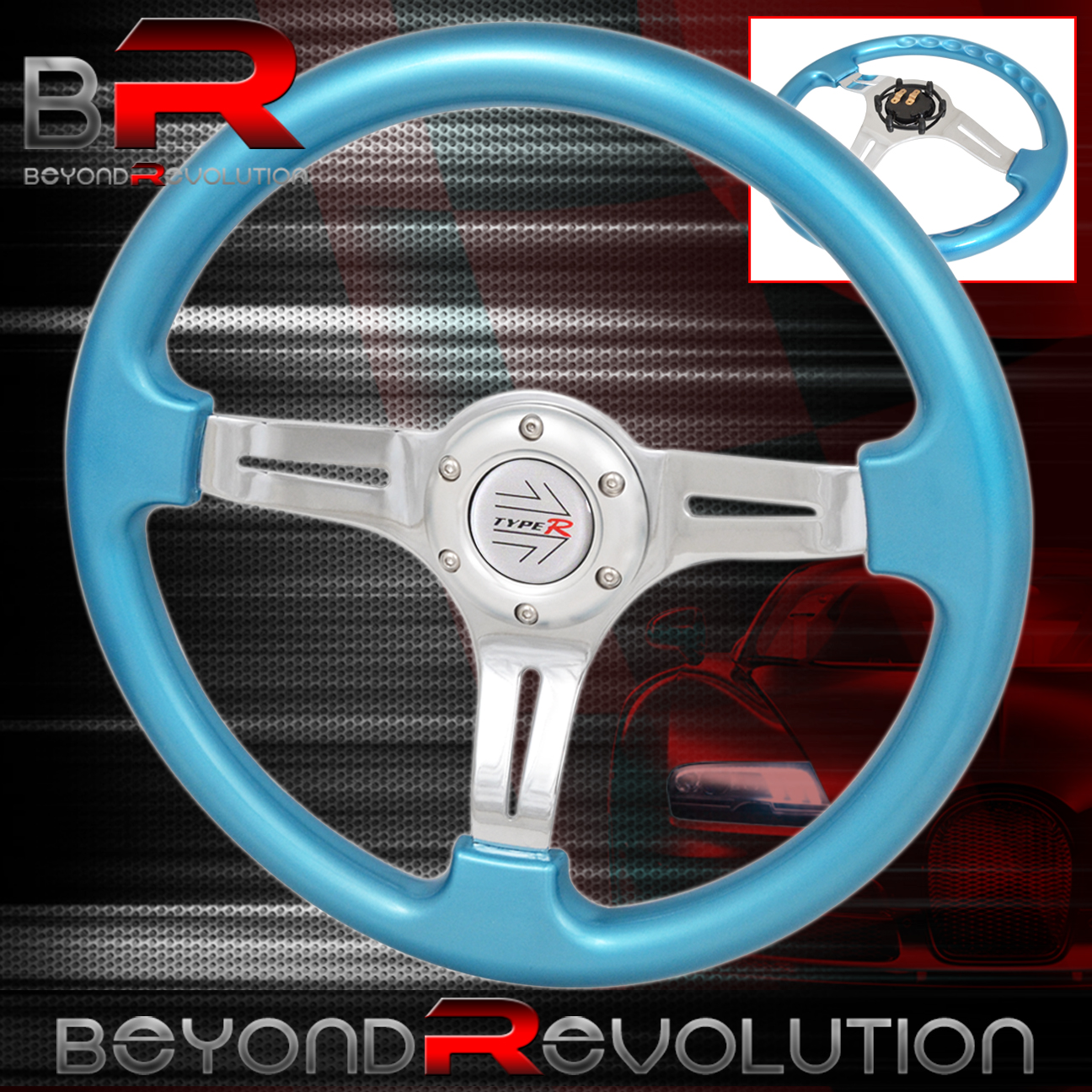 Universal 350MM 6 Bolt Hole Heavy Duty Light Weight Steering Wheel Sky Blue Trim Neo Chrome Center Streak Design Godsnow JDM Horn