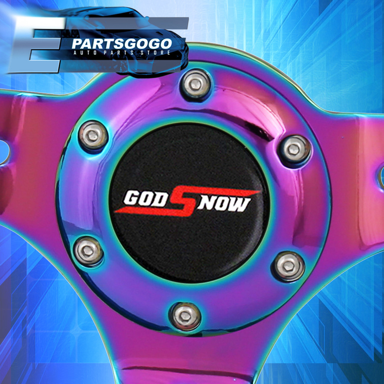 Universal 350MM 6 Bolt Hole Heavy Duty Light Weight Steering Wheel Sky Blue Trim Neo Chrome Center Streak Design Godsnow JDM Horn