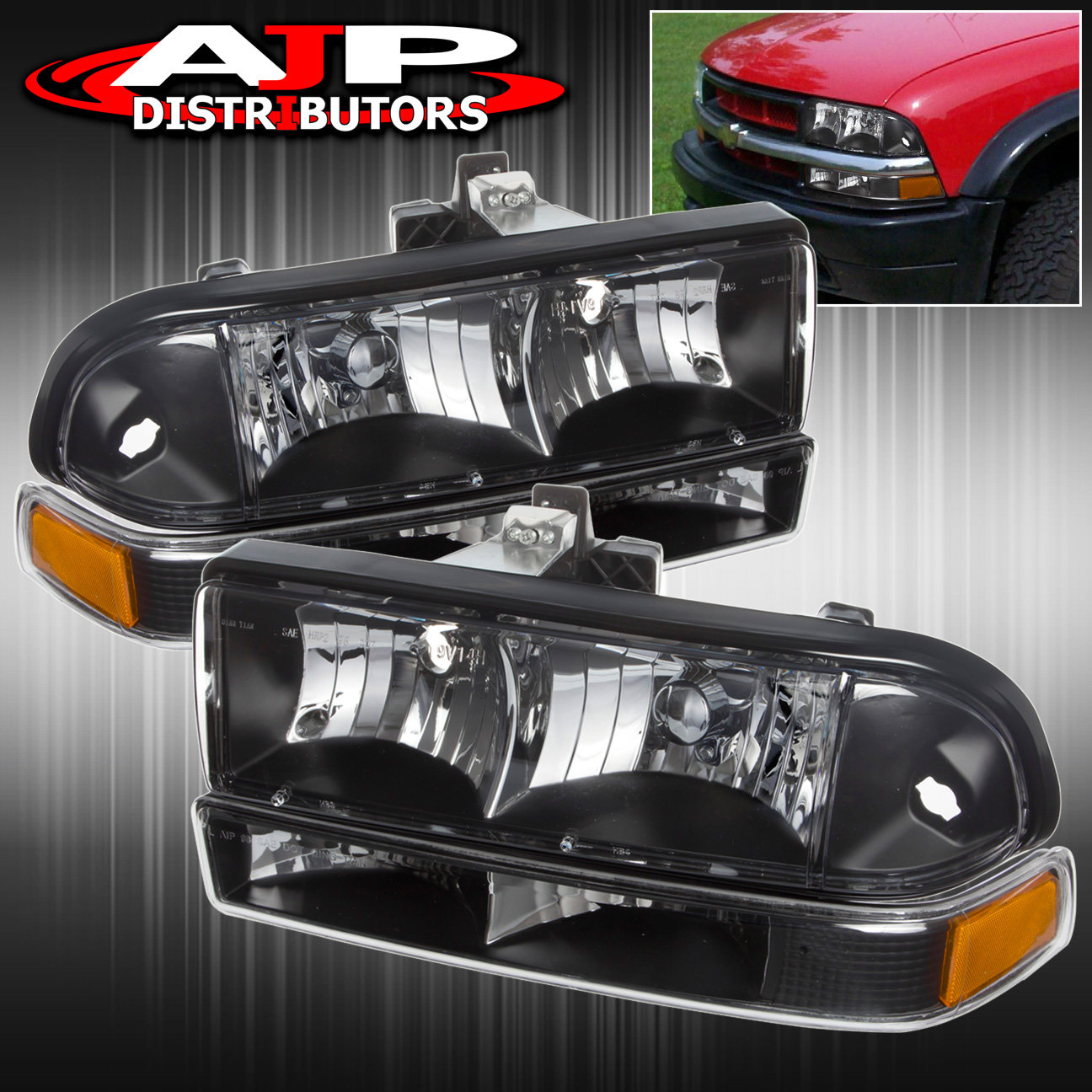 BLACK HOUSING CLEAR HEADLIGHT+SIGNAL+2PC CHROME FRONT GRILL FOR 98-04 S10//BLAZER