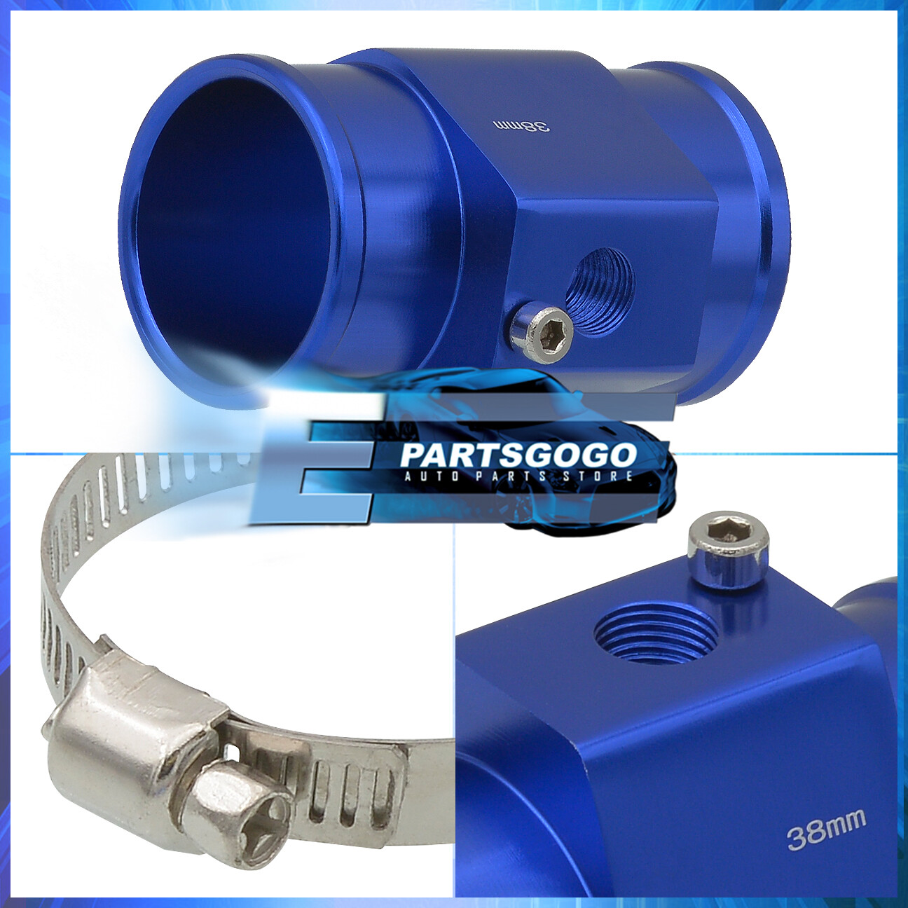 38mm Radiator Hose Temperature Sensor Adapter Blue Breather Tank