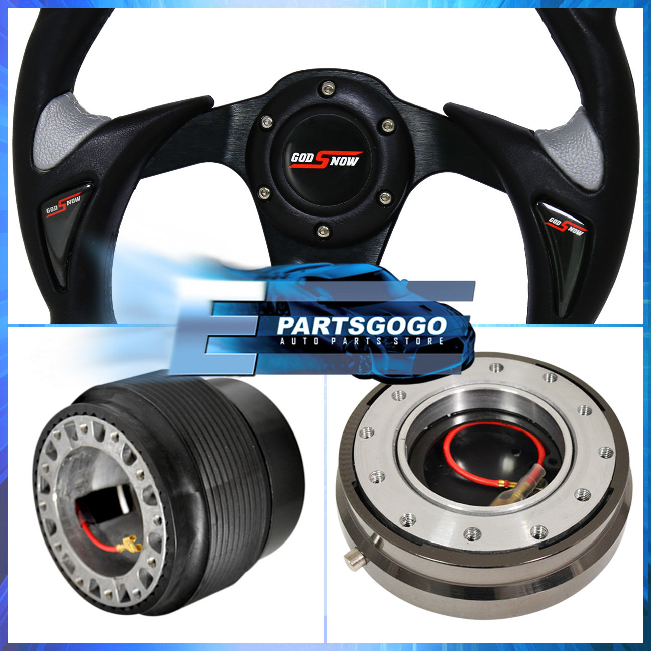 Universal Battle 320mm Pvc Leather 6 Bolt Steering Wheel Black/Blue+Horn Button