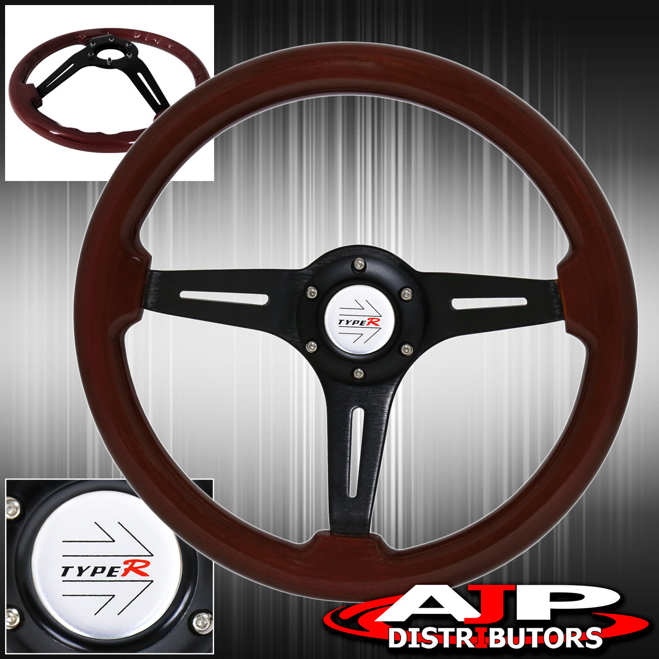 345mm Deep Dish 6 Bolt Steering Wheel Streak Black Aluminum Center Dark Wood