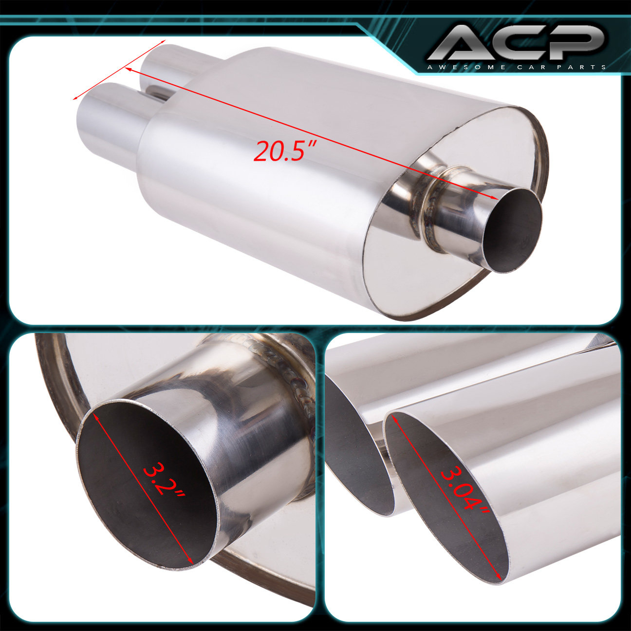 3" Dual Tips Slant Tip T304 Stainless Muffler 3 Inch Inlet Vip Jdm