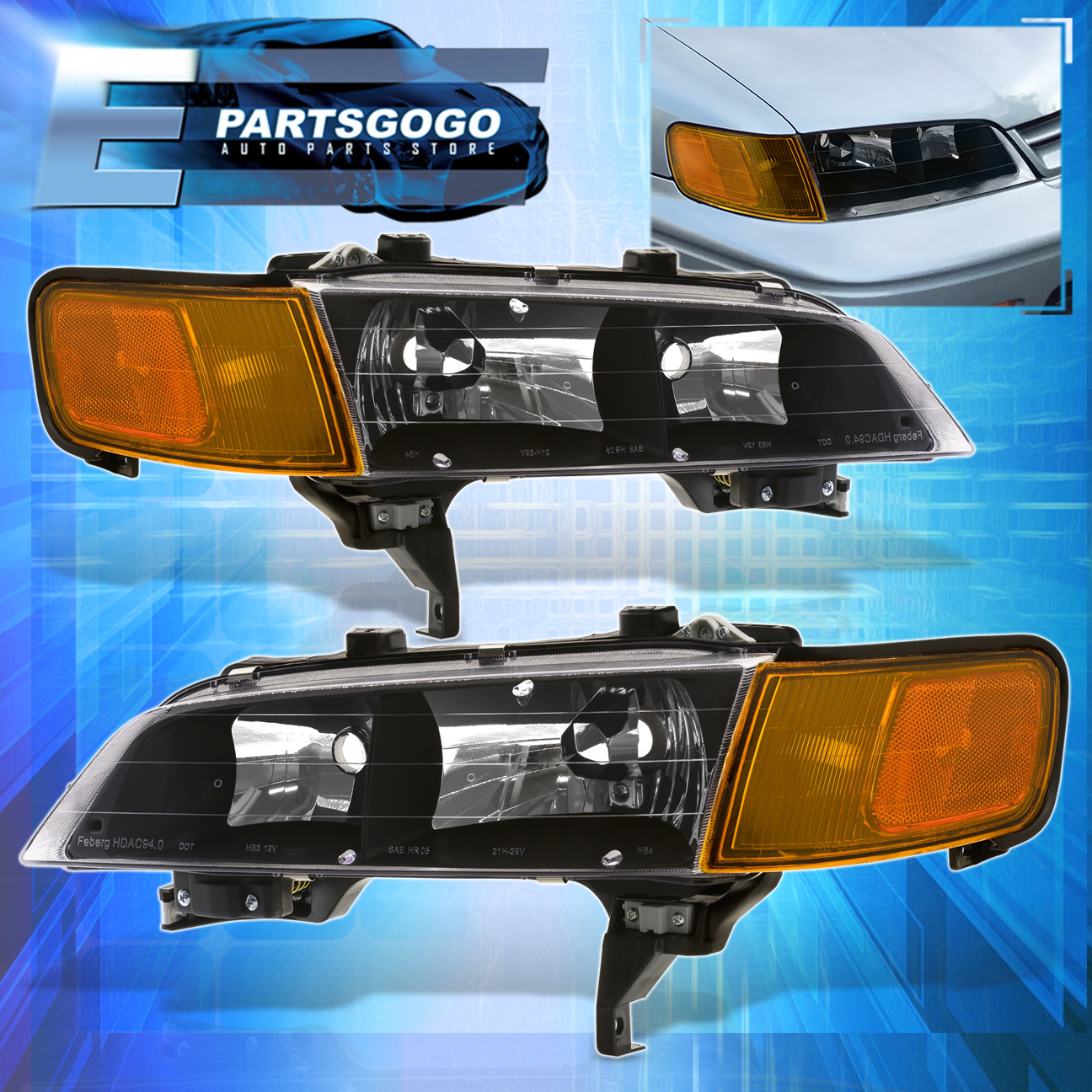 For 9497 Honda Accord Jdm Black Headlights + Amber Corner Reflector