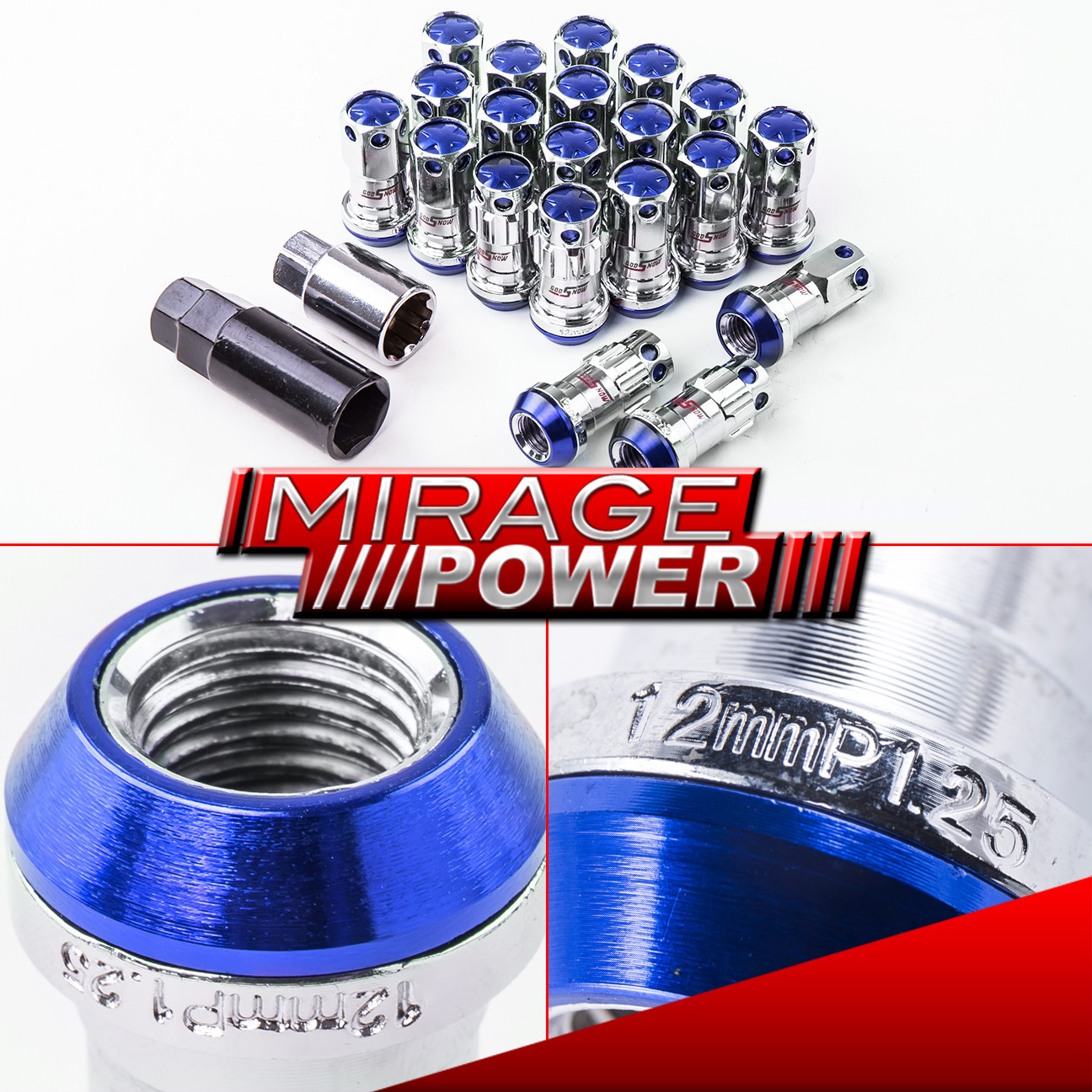 Jdm Racing Lug Nuts M12 X 1.25mm Thread Pitch Locking Key Chrome / Blue