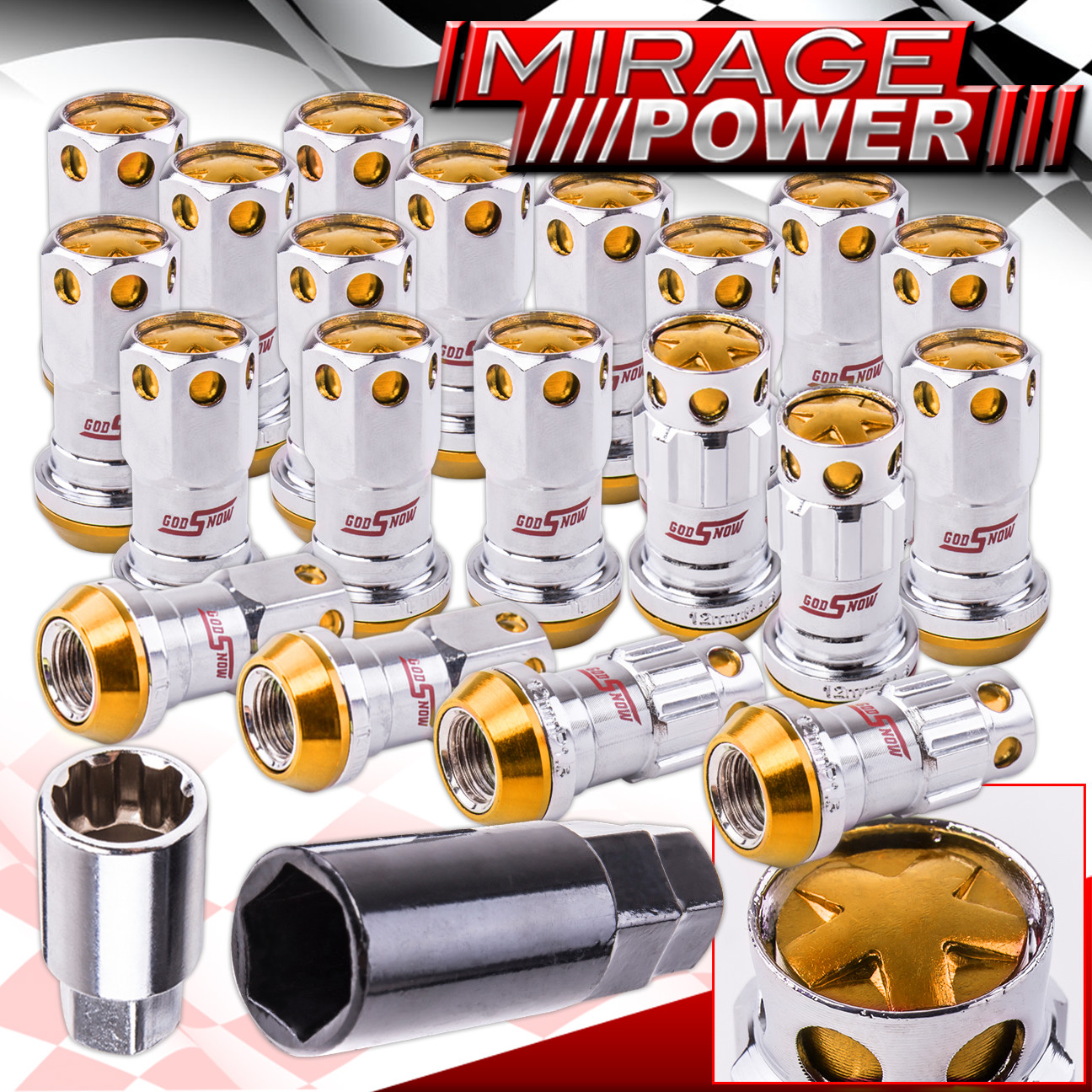 JDM Racing Lug Nuts M12 X 1.25mm Thread Pitch Locking Key Chrome / Gold