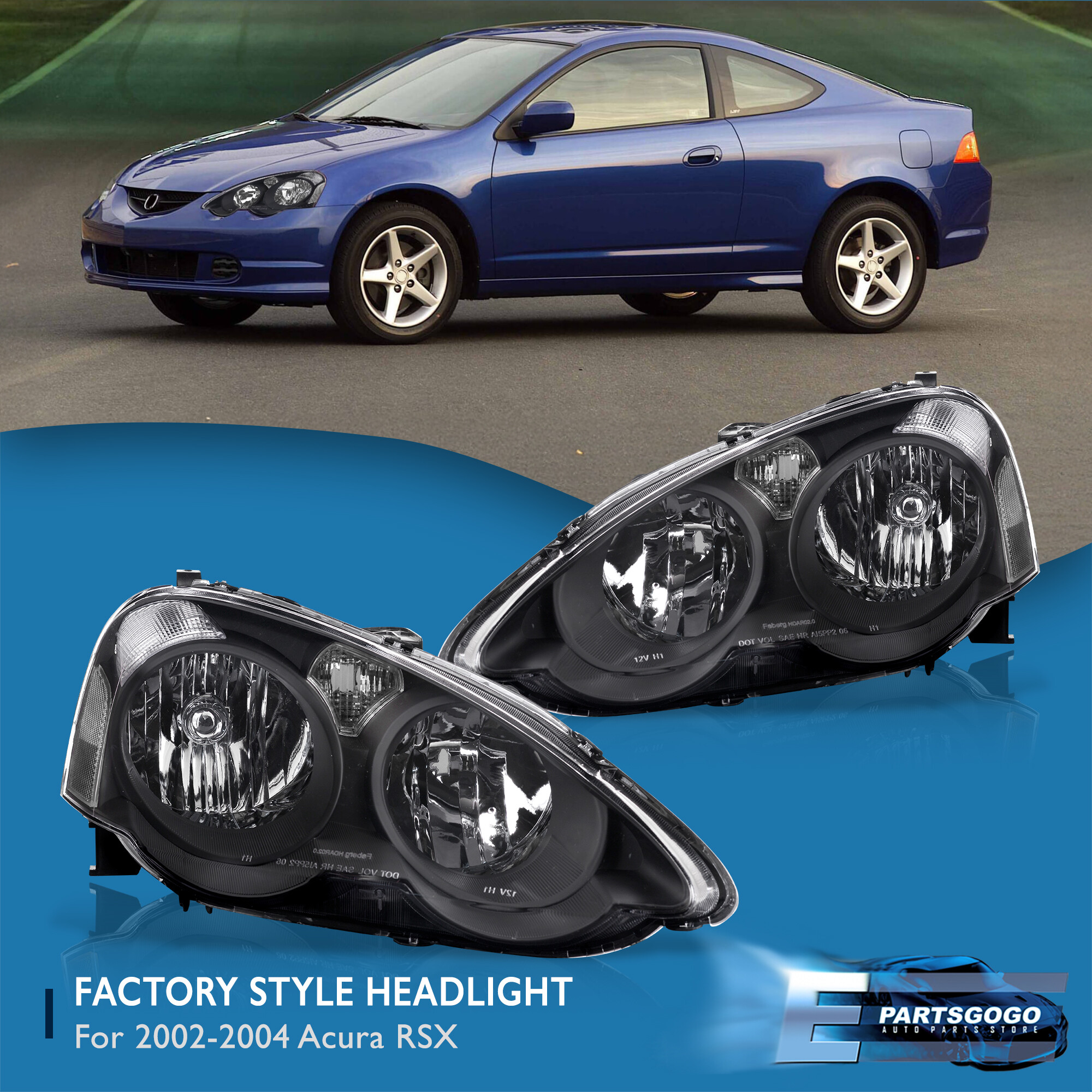For 0204 RSX DC5 JDM Replacement Headlight Lamps Pair Black Housing