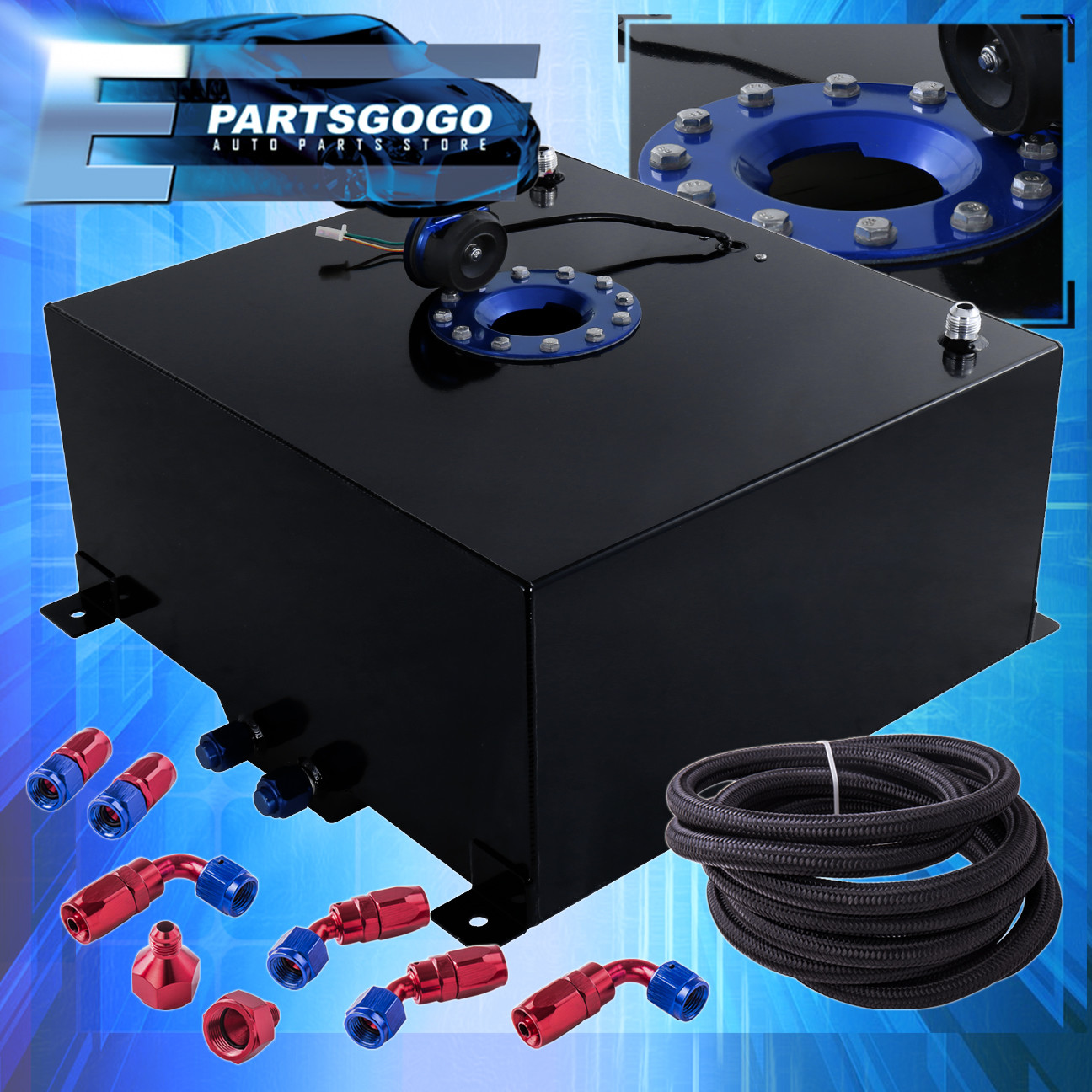 Black Aluminum Fuel Cell Gas Tank 13 Gallon 50L Blue Cap Braided Oil Feed Line