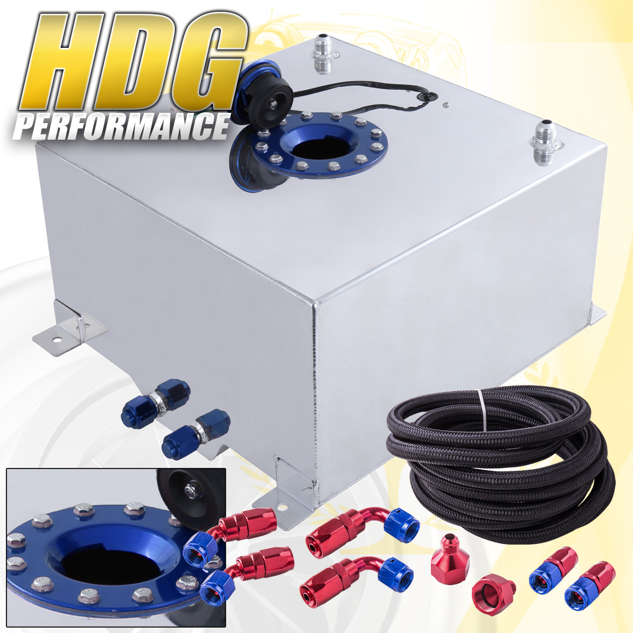 Black Aluminum Fuel Cell Gas Tank 13 Gallon 50L Blue Cap Braided Oil Feed Line
