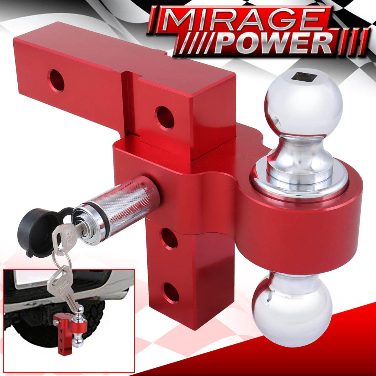 2" Receiver Red Heavyduty Aluminum Adjustable Dual Ball Mount Tow Hook