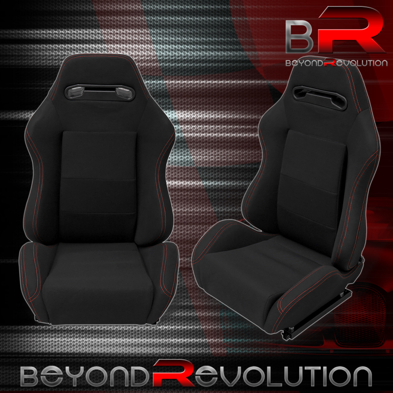 Pair of Full Reclinable Red Cloth Type-R Racing Seat+Adjustable Sliders