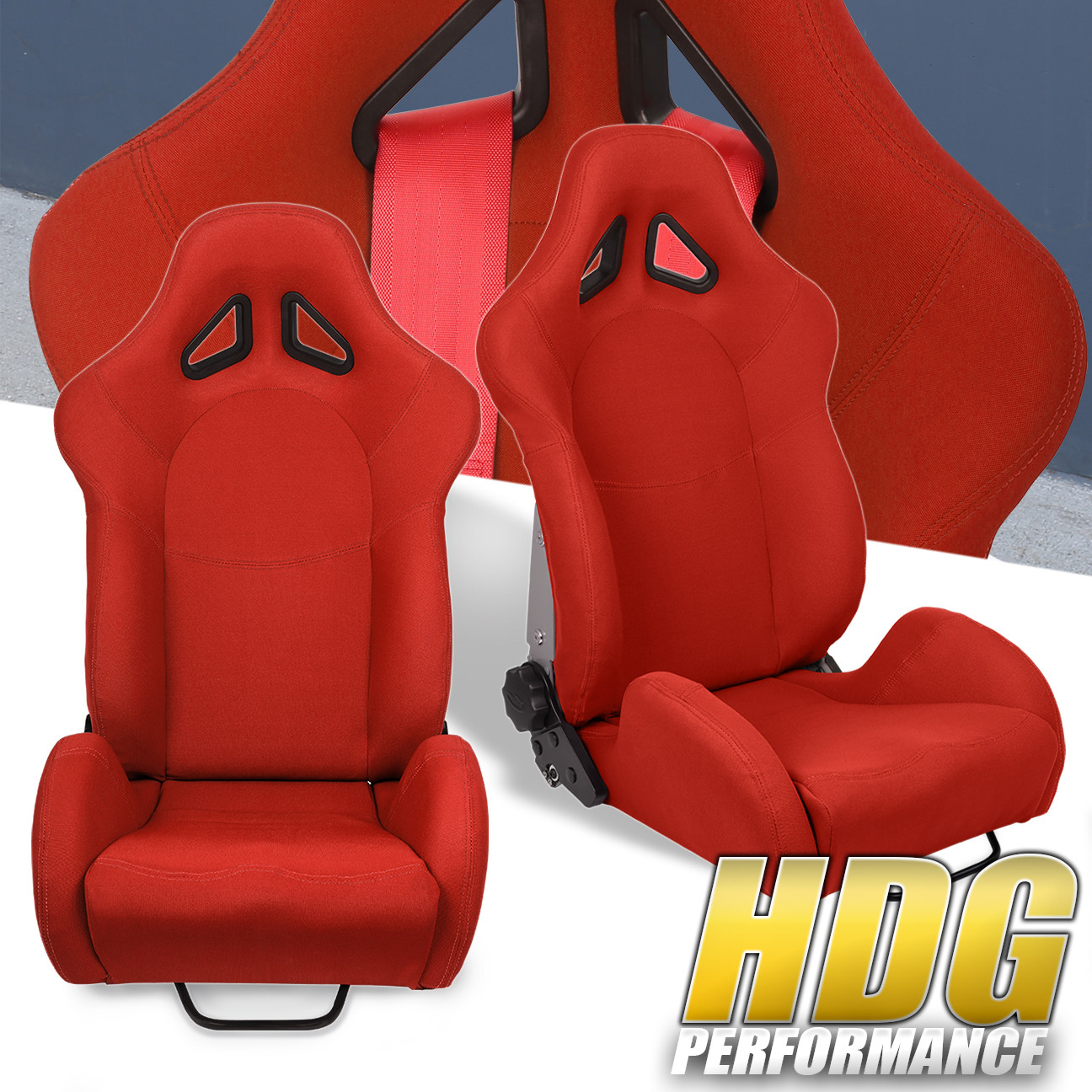 Universal Red Cloth Full Reclinable Racing Bucket Seats Pair W/ Sliders