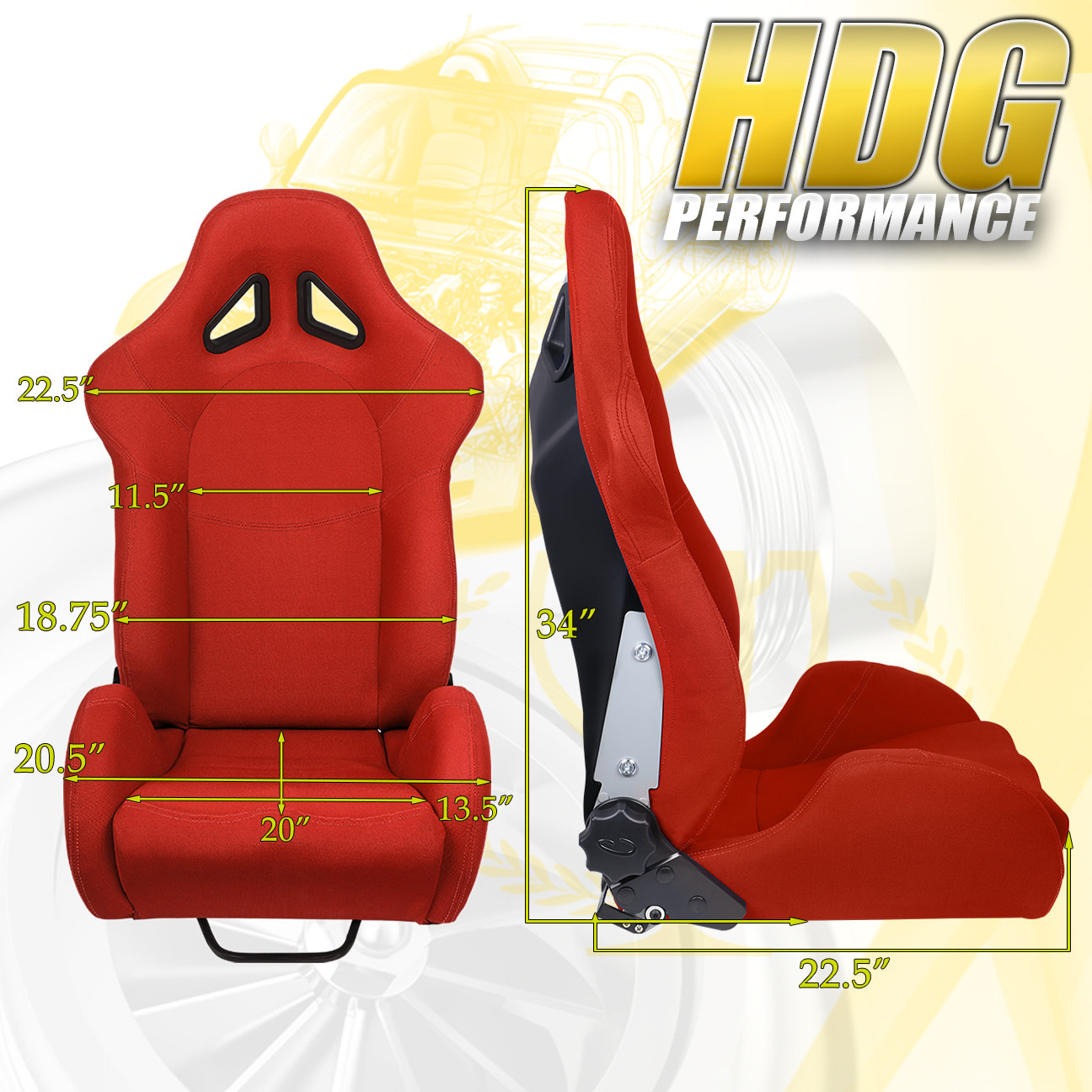 Universal Red Cloth Full Reclinable Racing Bucket Seats Pair W/ Sliders
