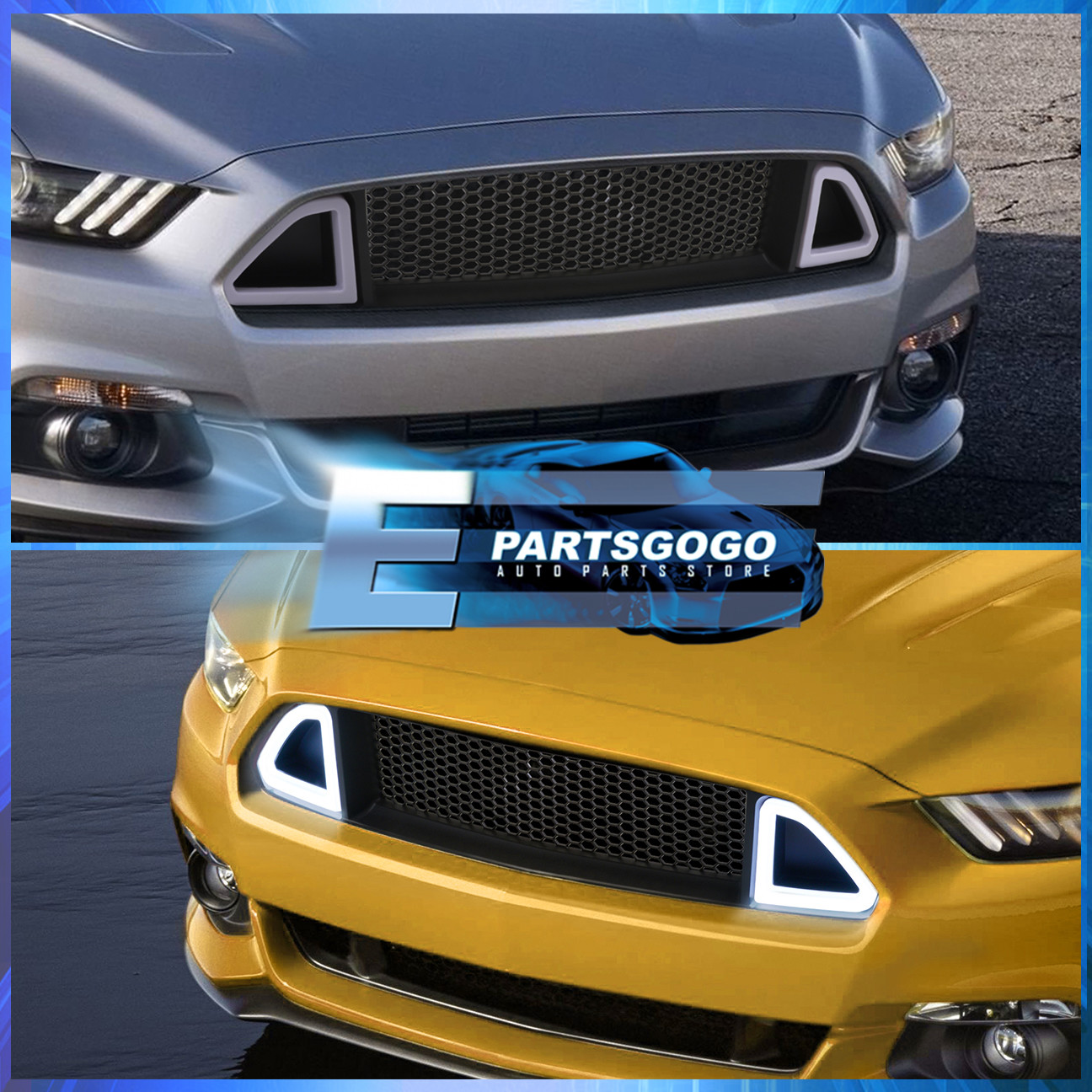 For 18 19 20 Mustang Mesh Grille Bumper Grill + Triangle LED