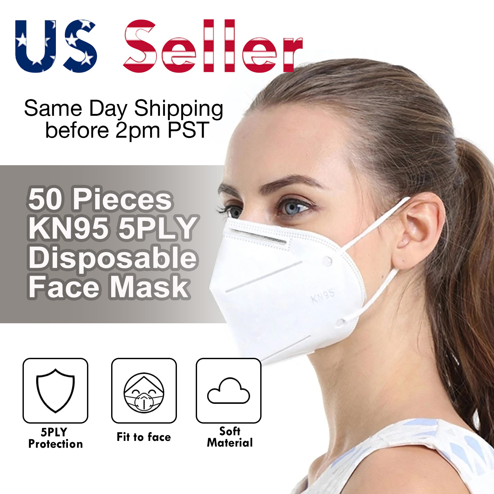 50PCS KN95 5PLY NonMedical Breathable Disposable Protective Face Mask