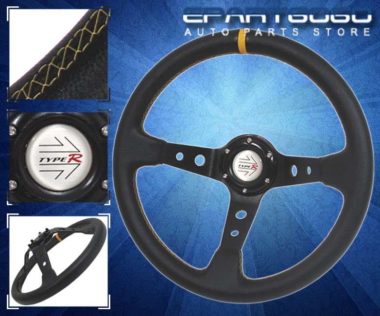3.5" Deep Dish 350mm Pvc Leather Steering Wheel Black Blue Stitching Jdm Euro