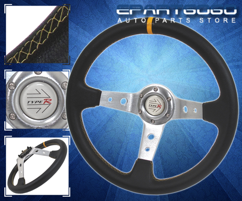 3.5" Deep Dish 350mm Pvc Leather Steering Wheel Black Blue Stitching Jdm Euro