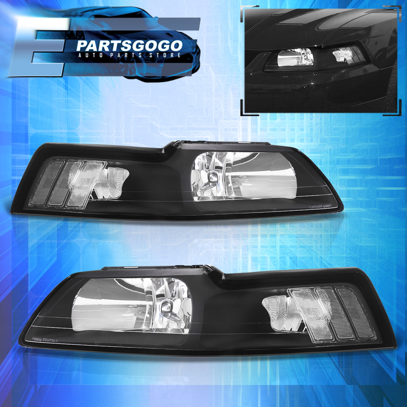 For 99 04 Mustang Gt Crystal Black Headlights Lamp Corner Turn