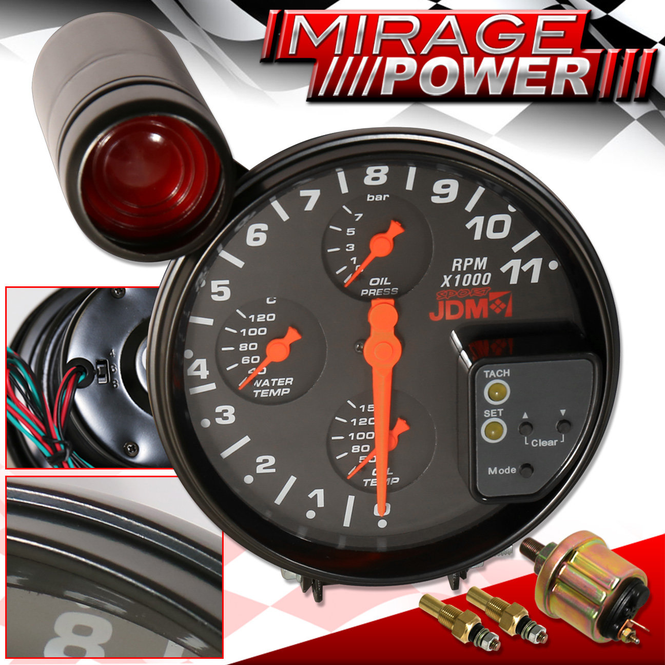 5" 4In1 11K Rpm JDM Black Tachometer Gauge + Red Shift Light Scion Tc