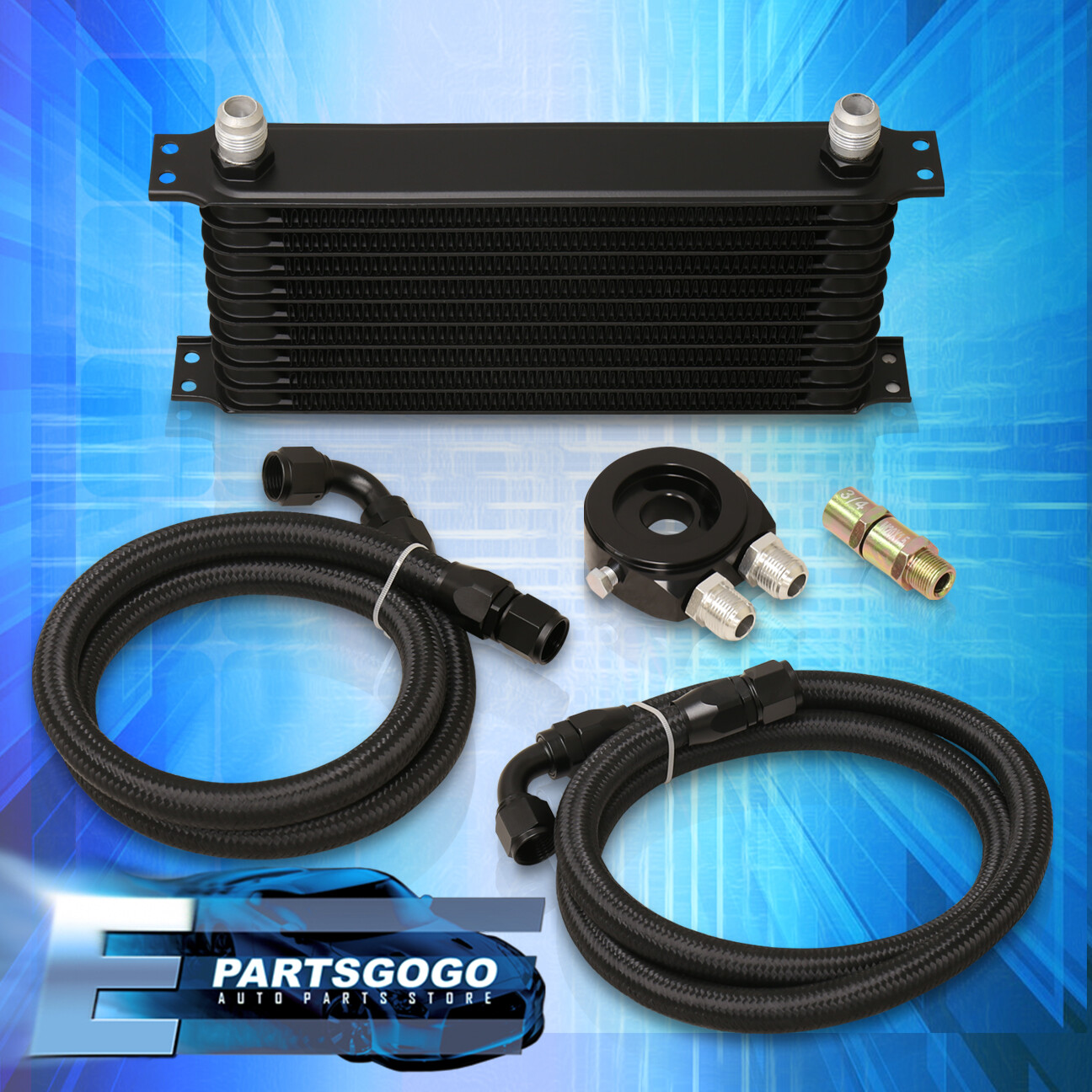 Universal 9-Row An10 Engine Transmission Oil Cooler Filter Relocation Kit Silver